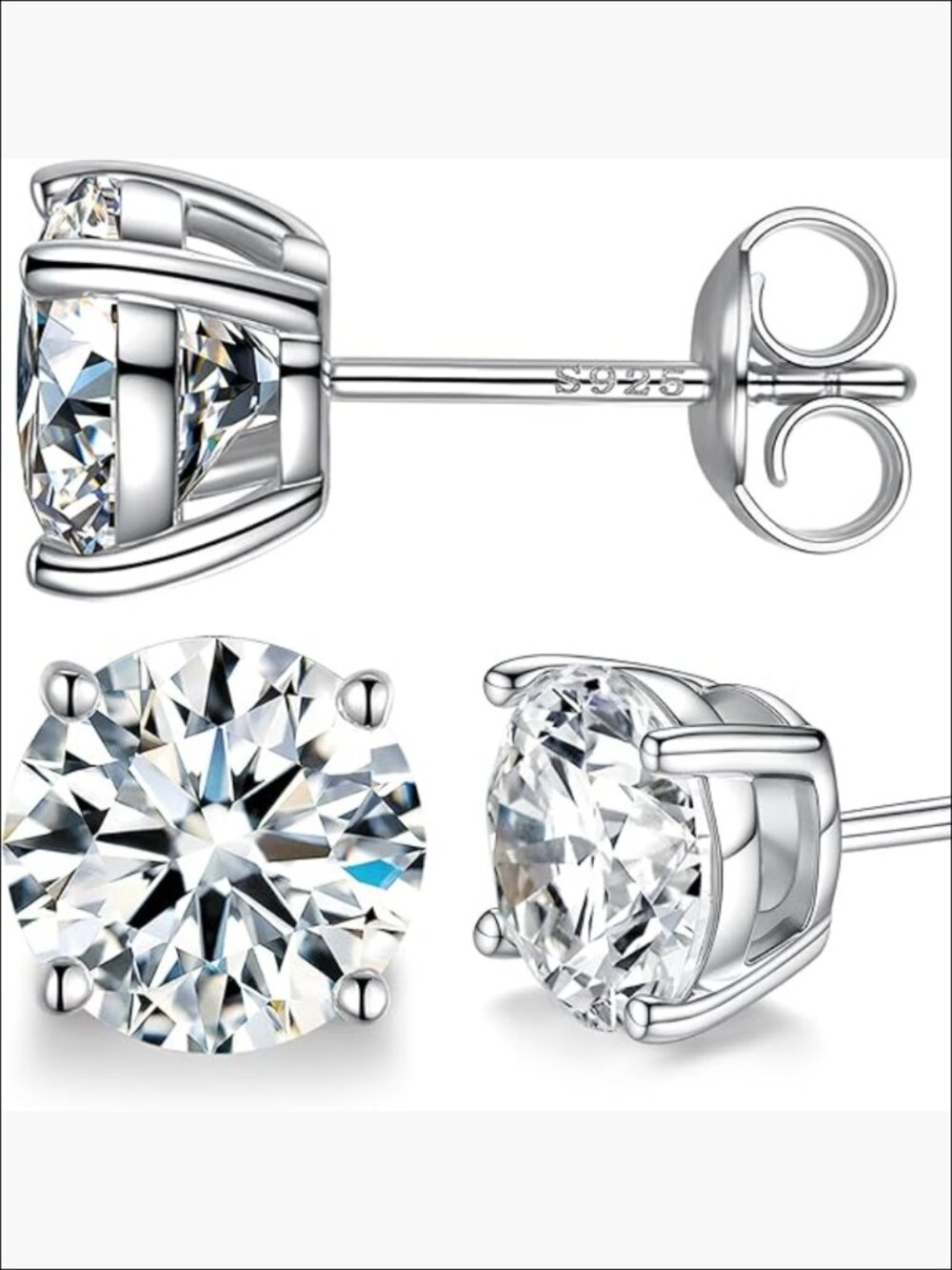 Moissanite Stud Earrings, S925 Sterling Silver Plated 18k White Gold